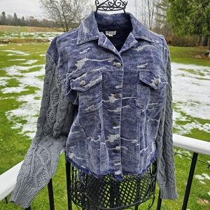 POL Blue Camo Print Corduroy Jacket With Sweater Sleeves. New Without Tags